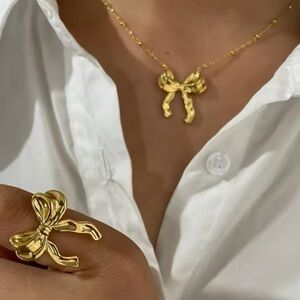 Bow Necklace  & Ring Set Gold Stainless Steel